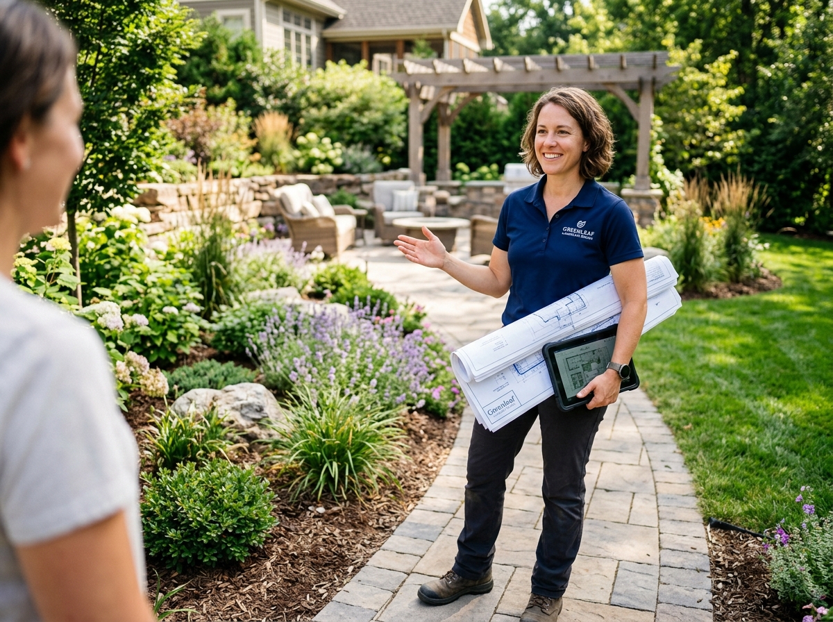 Stoneleaf landscape designer reviewing plans in a finished backyard